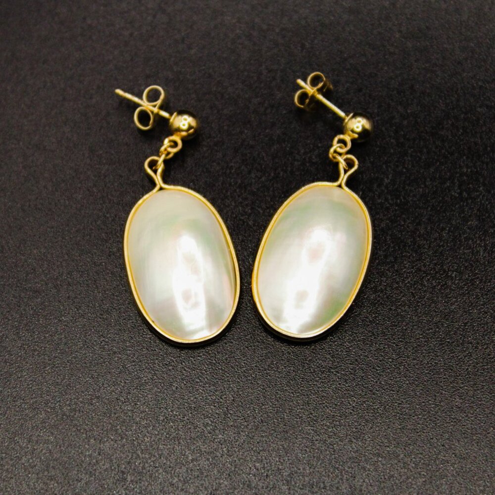 Vintage 14K Yellow Gold Mabe Pearl Oval Dangle Drop Earrings Signed